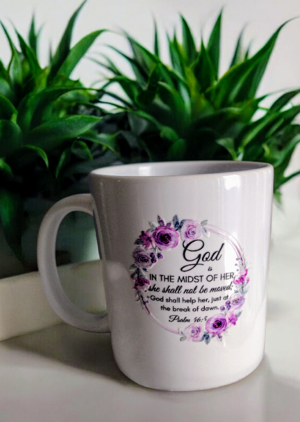 Coffee mug with a Bible quote and flower details π