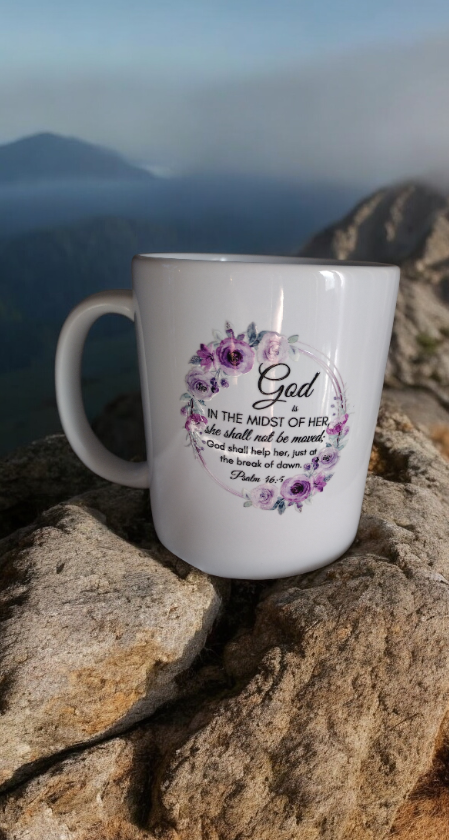 Coffee mug with a Bible quote and flower details π