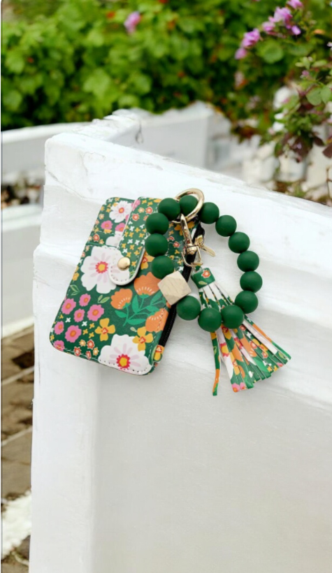 Green Floral Bracelet Keychain and Card Holder π