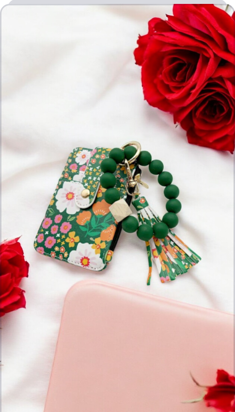 Green Floral Bracelet Keychain and Card Holder π