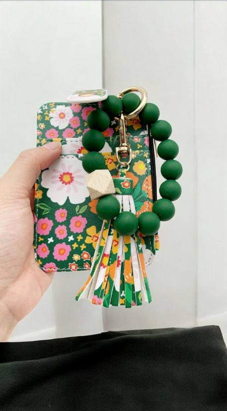 Green Floral Bracelet Keychain and Card Holder π