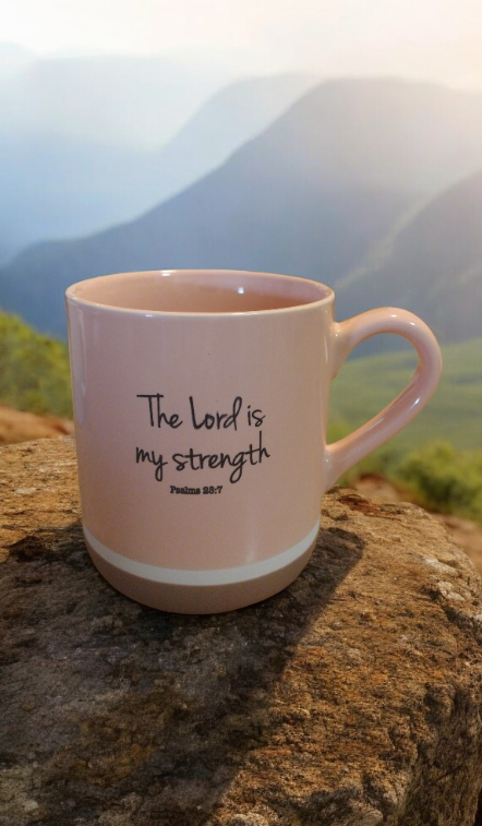 Coffee mug with a Bible quote from Psalm 28:7