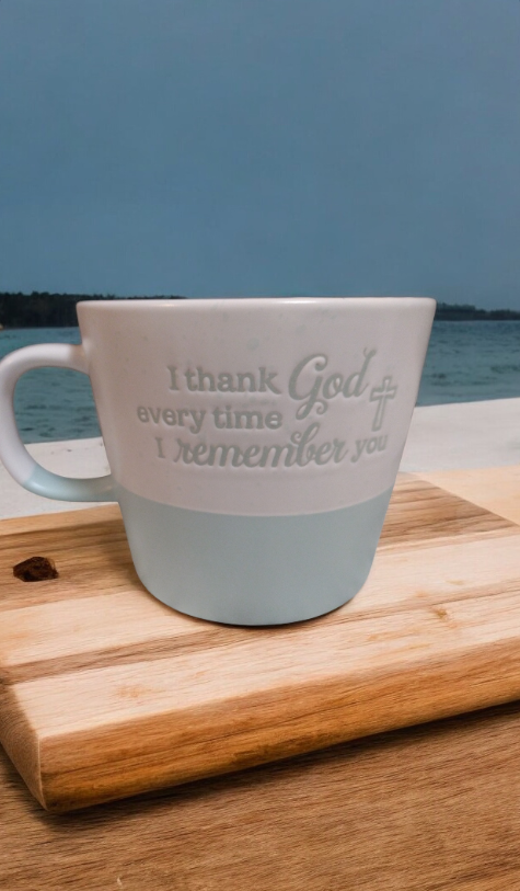 Coffee mugs with Bible quotes from Philippians 1:3-11