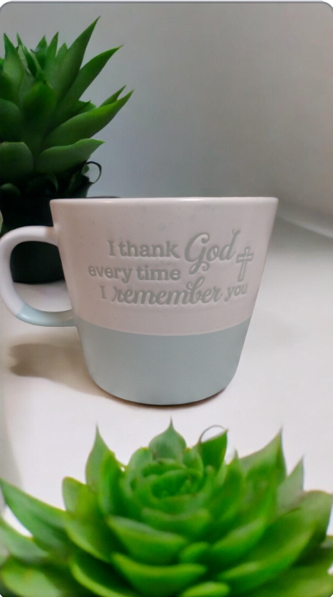 Coffee mugs with Bible quotes from Philippians 1:3-11