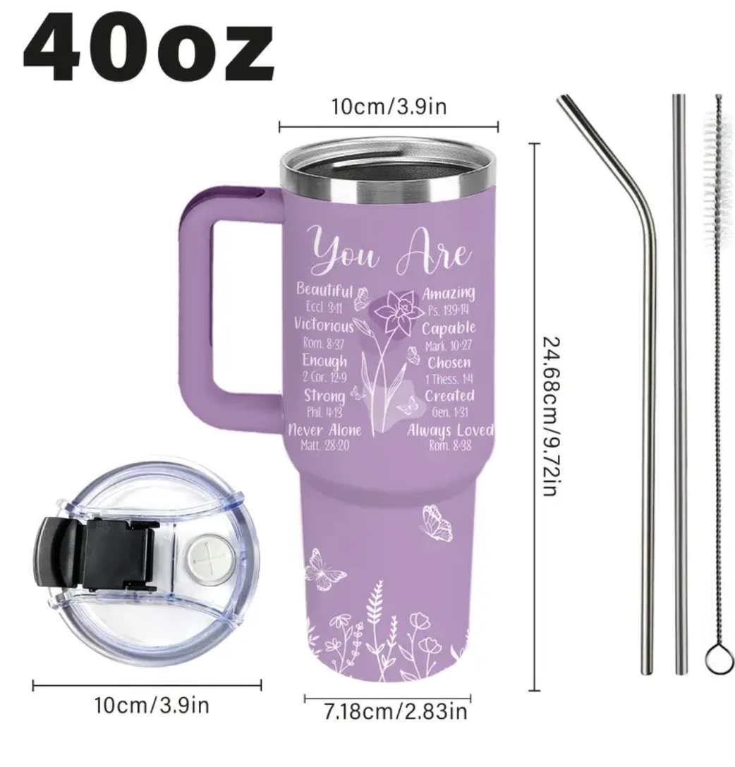 Stainless steel tumbler with Bible quotes and floral details