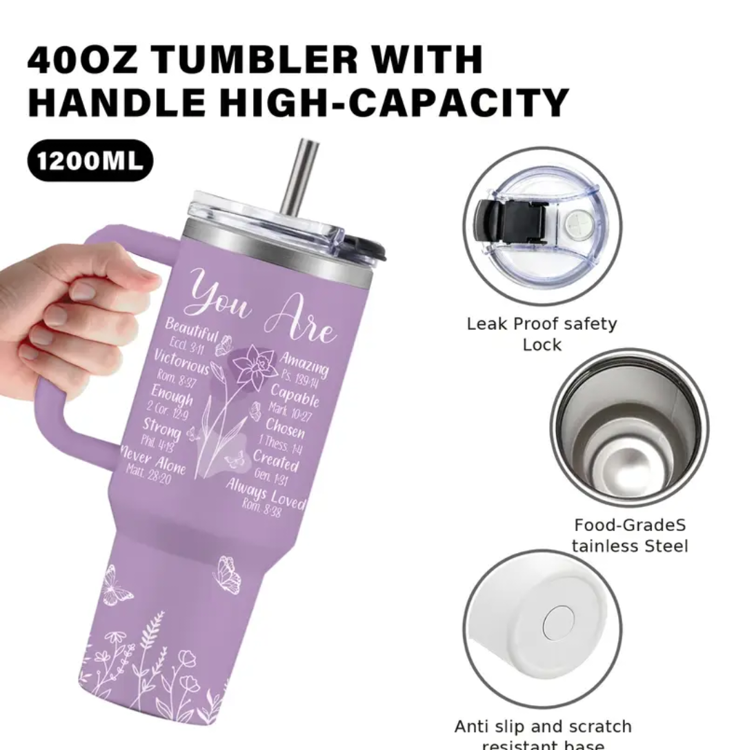 Stainless steel tumbler with Bible quotes and floral details