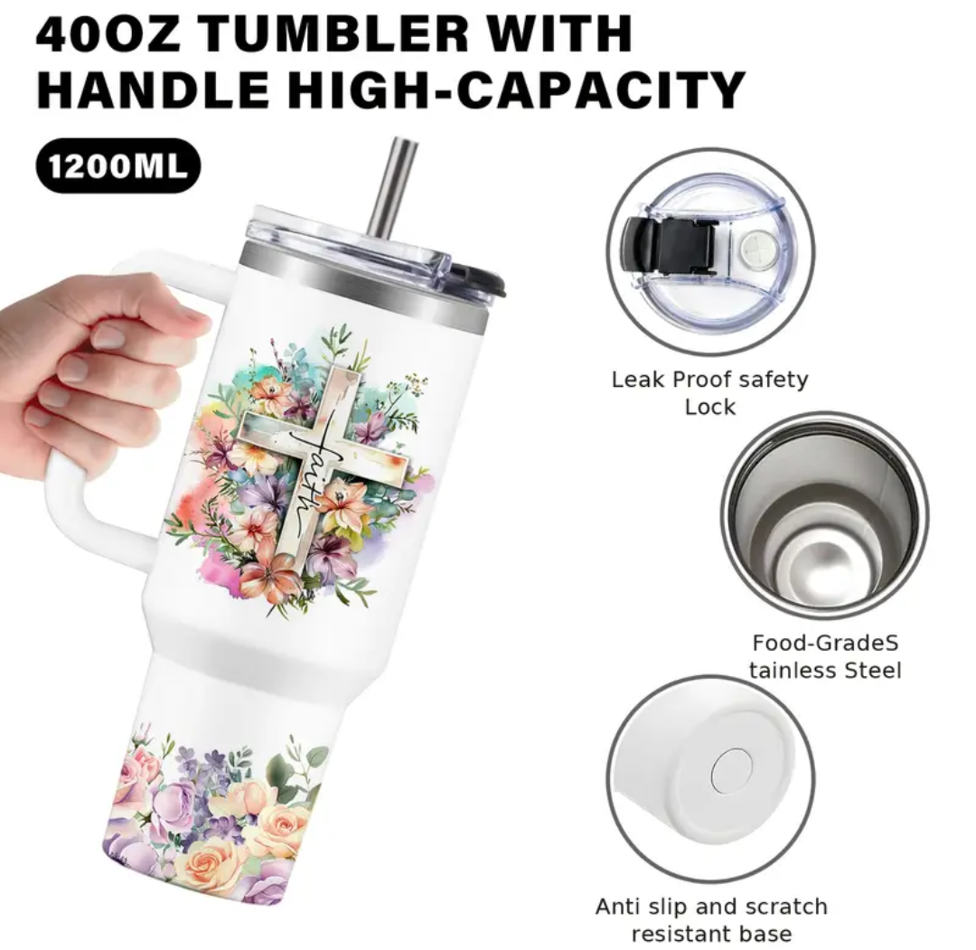 Stainless steel tumbler with Bible quotes and a cross with flowers