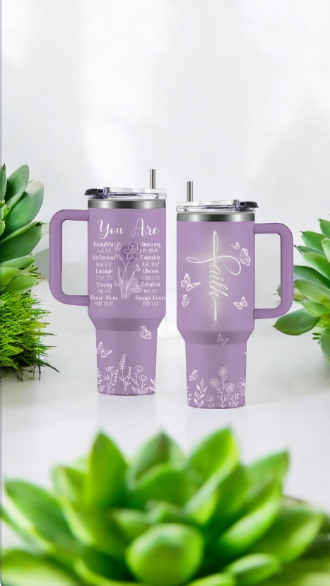 Stainless steel tumbler with Bible quotes and floral details