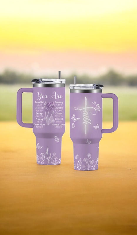 Stainless steel tumbler with Bible quotes and floral details