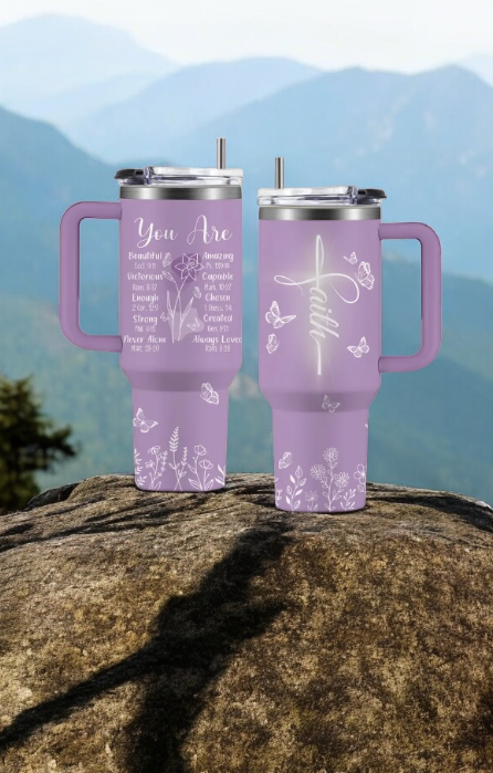 Stainless steel tumbler with Bible quotes and floral details