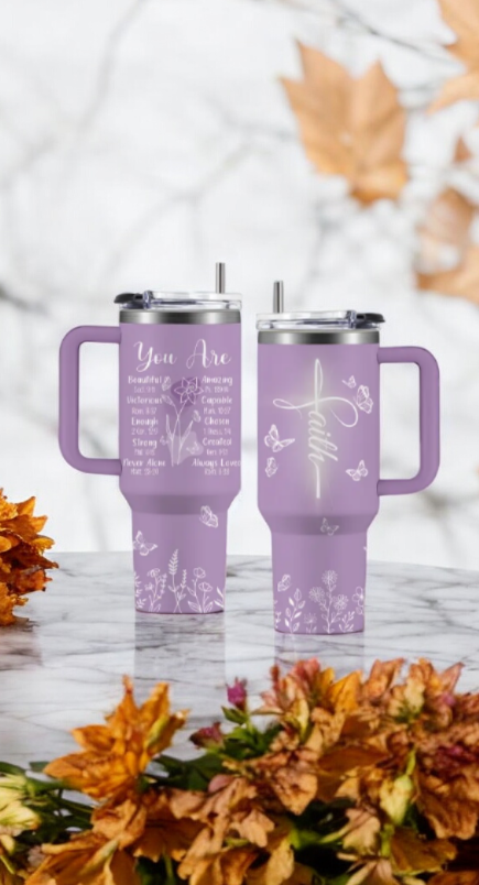 Stainless steel tumbler with Bible quotes and floral details