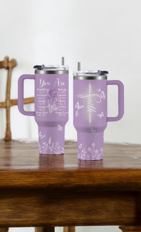 Stainless steel tumbler with Bible quotes and floral details