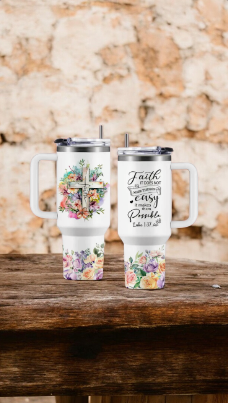 Stainless steel tumbler with Bible quotes and a cross with flowers