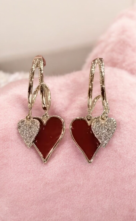 Red Gold Heart Dangle Earrings