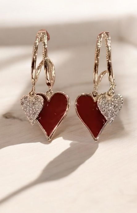 Red Gold Heart Dangle Earrings