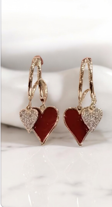 Red Gold Heart Dangle Earrings