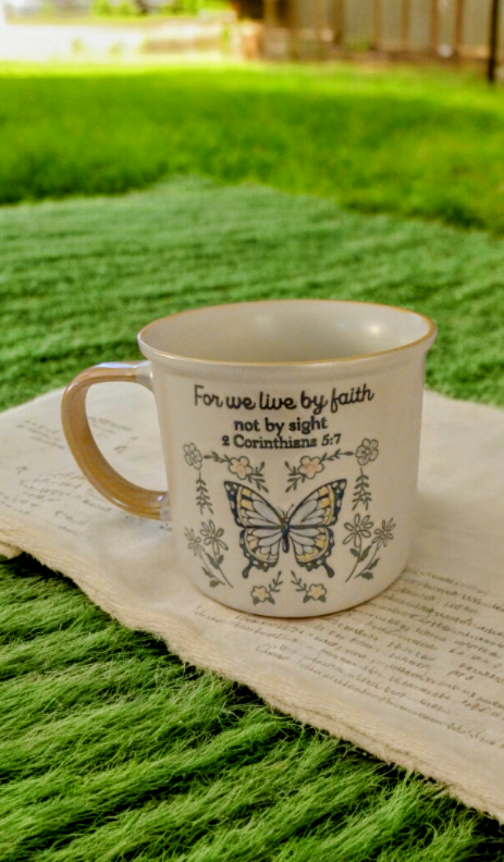 Coffee mug with butterfly and flower print and Bible quote🦋
