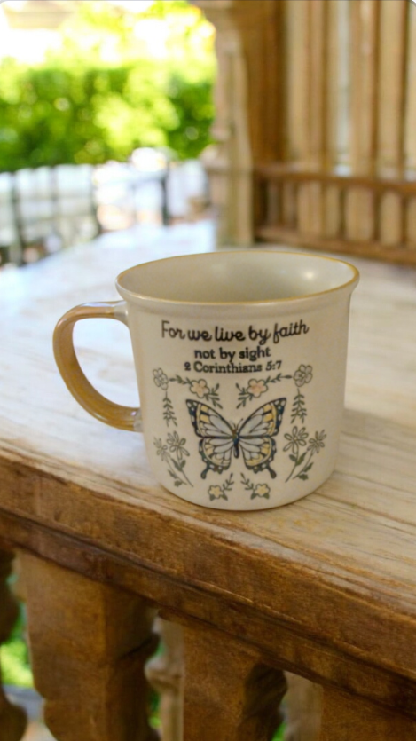 Coffee mug with butterfly and flower print and Bible quote🦋