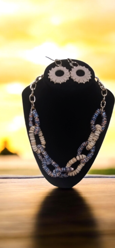 Beige and blue necklace and earring set