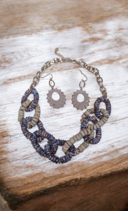 Beige and blue necklace and earring set