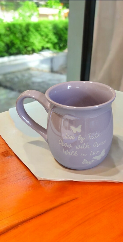 Coffee or tea mug with a Bible quote in purple