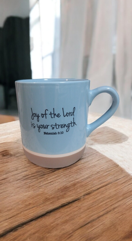 Mug with Bible quote "Nehemiah 8:10"