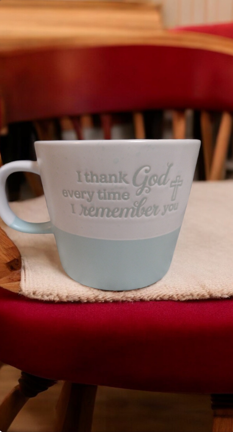 Coffee mugs with Bible quotes from Philippians 1:3-11