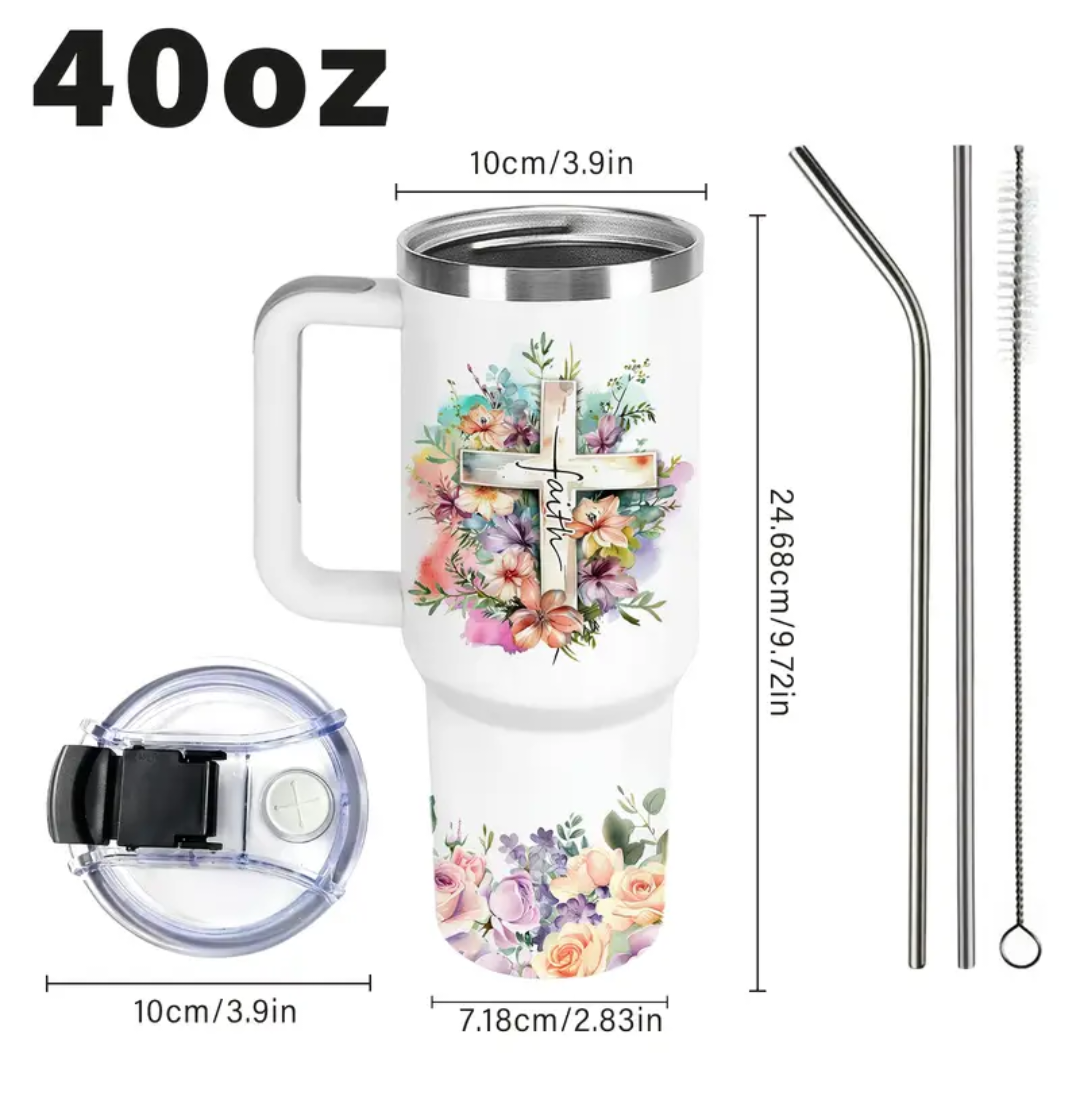 Stainless steel tumbler with Bible quotes and a cross with flowers