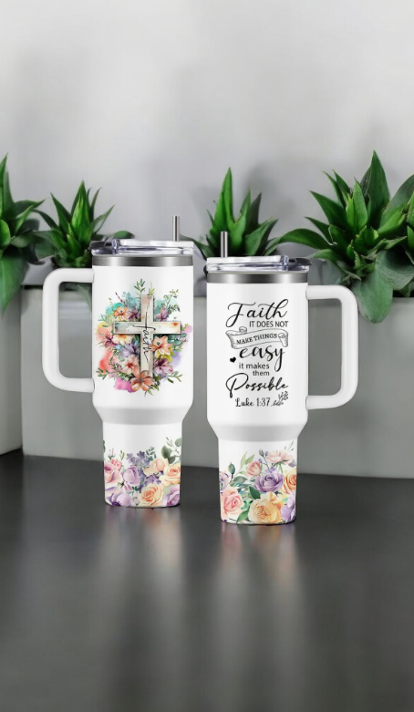 Stainless steel tumbler with Bible quotes and a cross with flowers