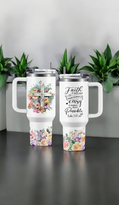 Stainless steel tumbler with Bible quotes and a cross with flowers