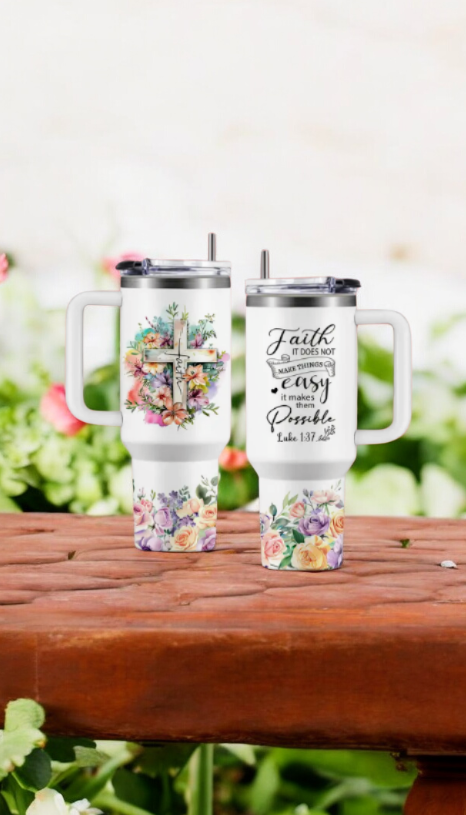 Stainless steel tumbler with Bible quotes and a cross with flowers