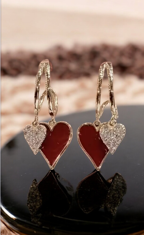 Aretes colgantes Corazón rojo dorado