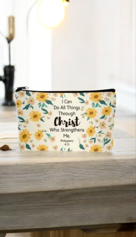Floral cosmetic bag with Bible quotes