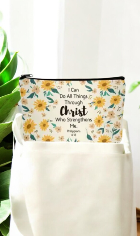 Floral cosmetic bag with Bible quotes