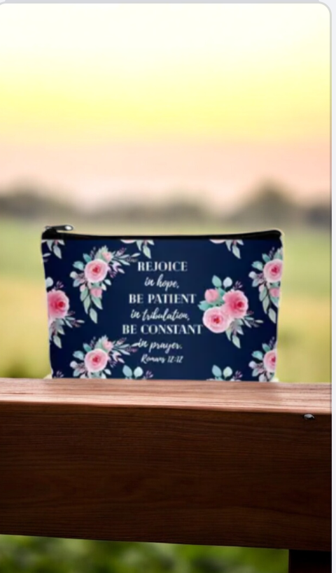 Floral cosmetic bag with Bible quotes