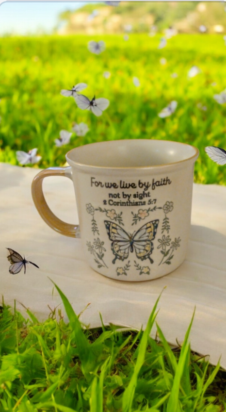 Coffee mug with butterfly and flower print and Bible quote🦋