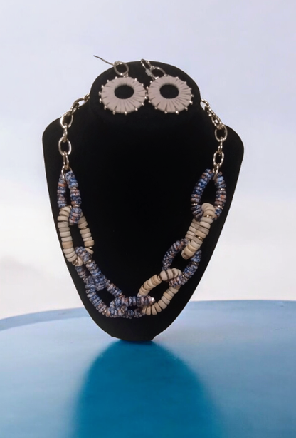 Beige and blue necklace and earring set