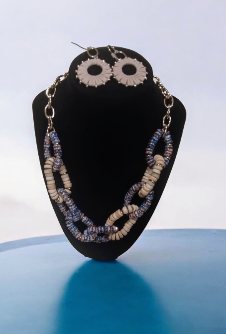 Beige and blue necklace and earring set